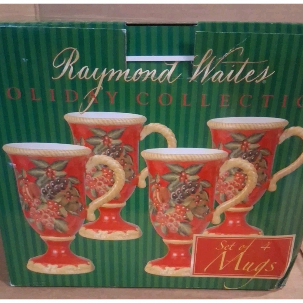 Raymond Waites Pedestal Mugs Set 4 Tuscany Red Gold Fruit Certified Int'l Open